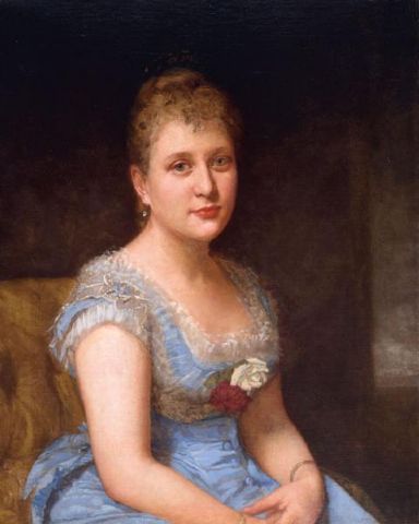 Portrait of a woman wearing a blue dress with white lace